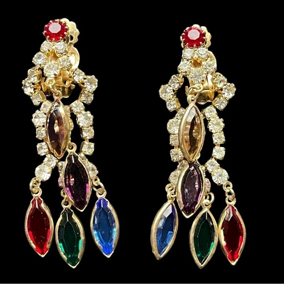Multi Color Jewel-tone Chandelier Clip Earings - Picture 1 of 6